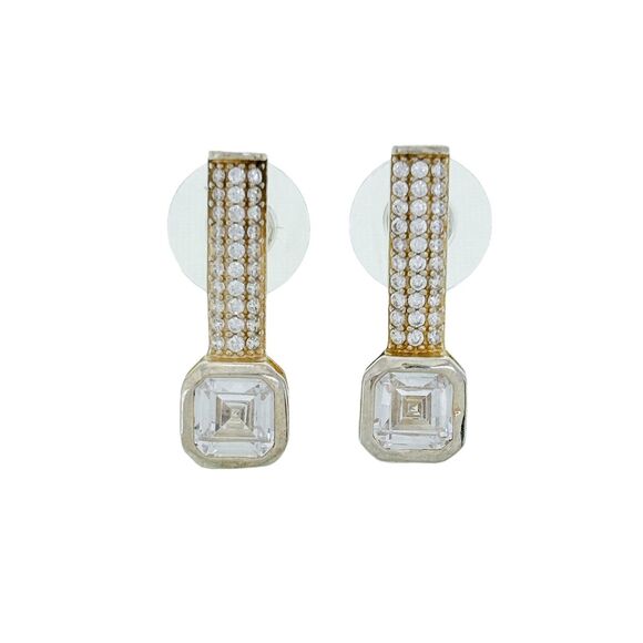 Vintage Sterling Silver 925 Gold Plated Pave Cubic Zirconia Drop Earrings - Picture 1 of 5